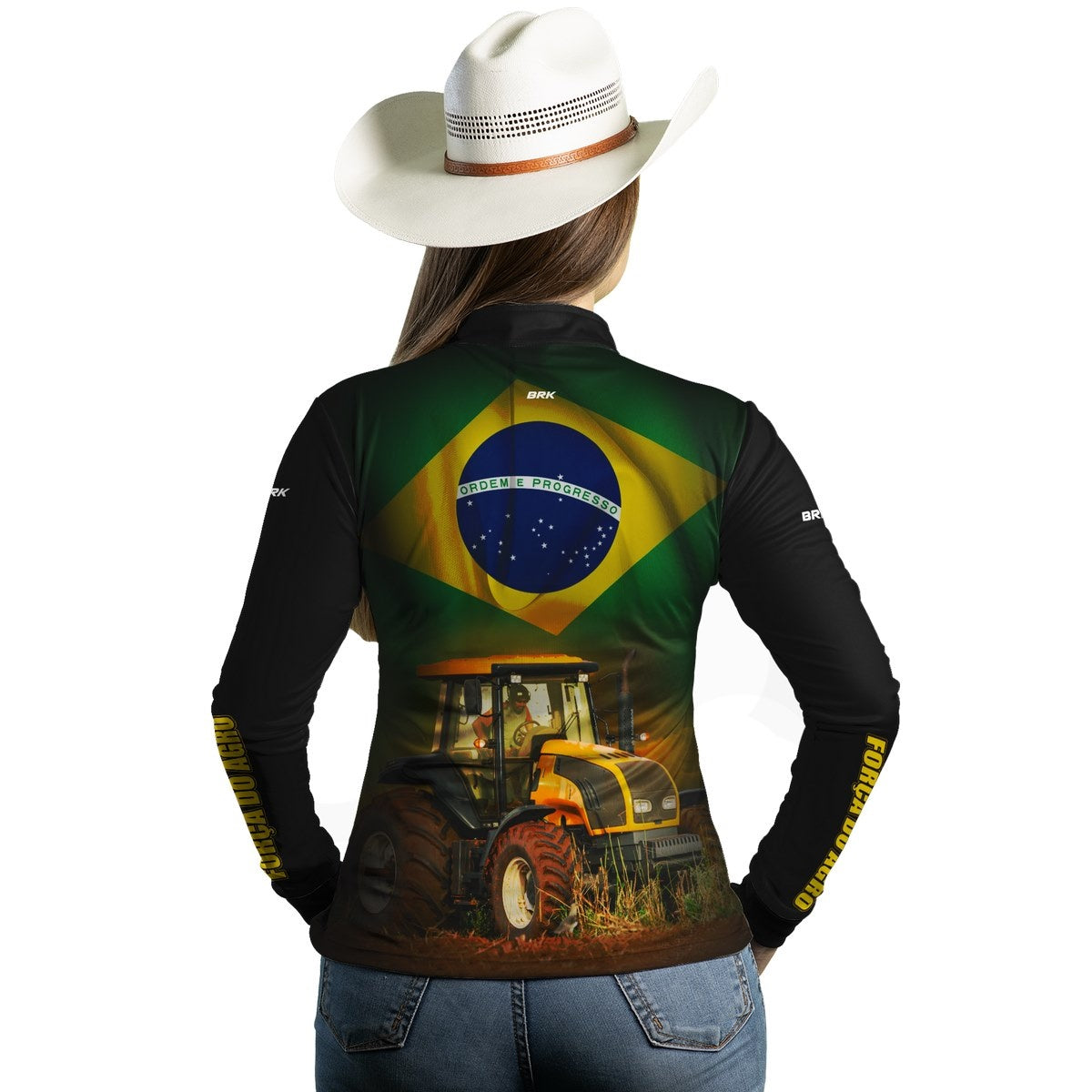 Camisa Feminina Agro Brk Brasil Trator Amarelo com Proteção Solar UV50+ - Brk Agro