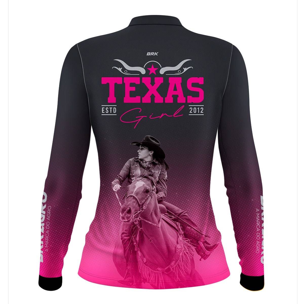 Camisa Agro Brk Feminina Preta e Rosa Texas Girl com Proteção com Proteção Solar UV50+ - BRK AGRO
