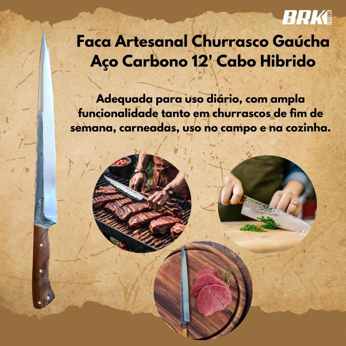 Faca Artesanal Gaúcha Churrasco Aço Carbono 12" Cabo Hibrido - Brk Agro