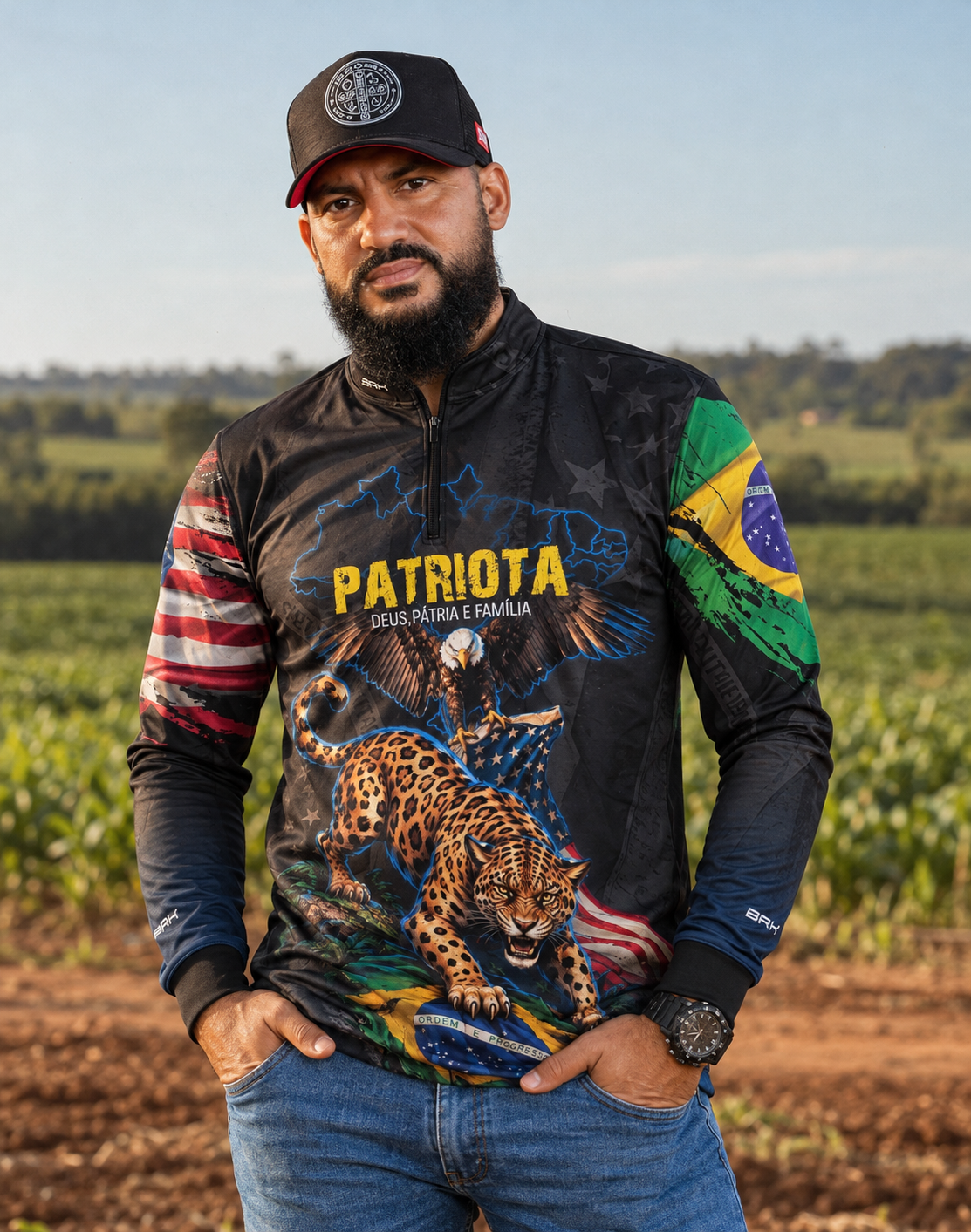Camisa Patriota Deus Pátria e Família Onça e Águia Brasil e EUA Preta Azul com Proteção UV50+