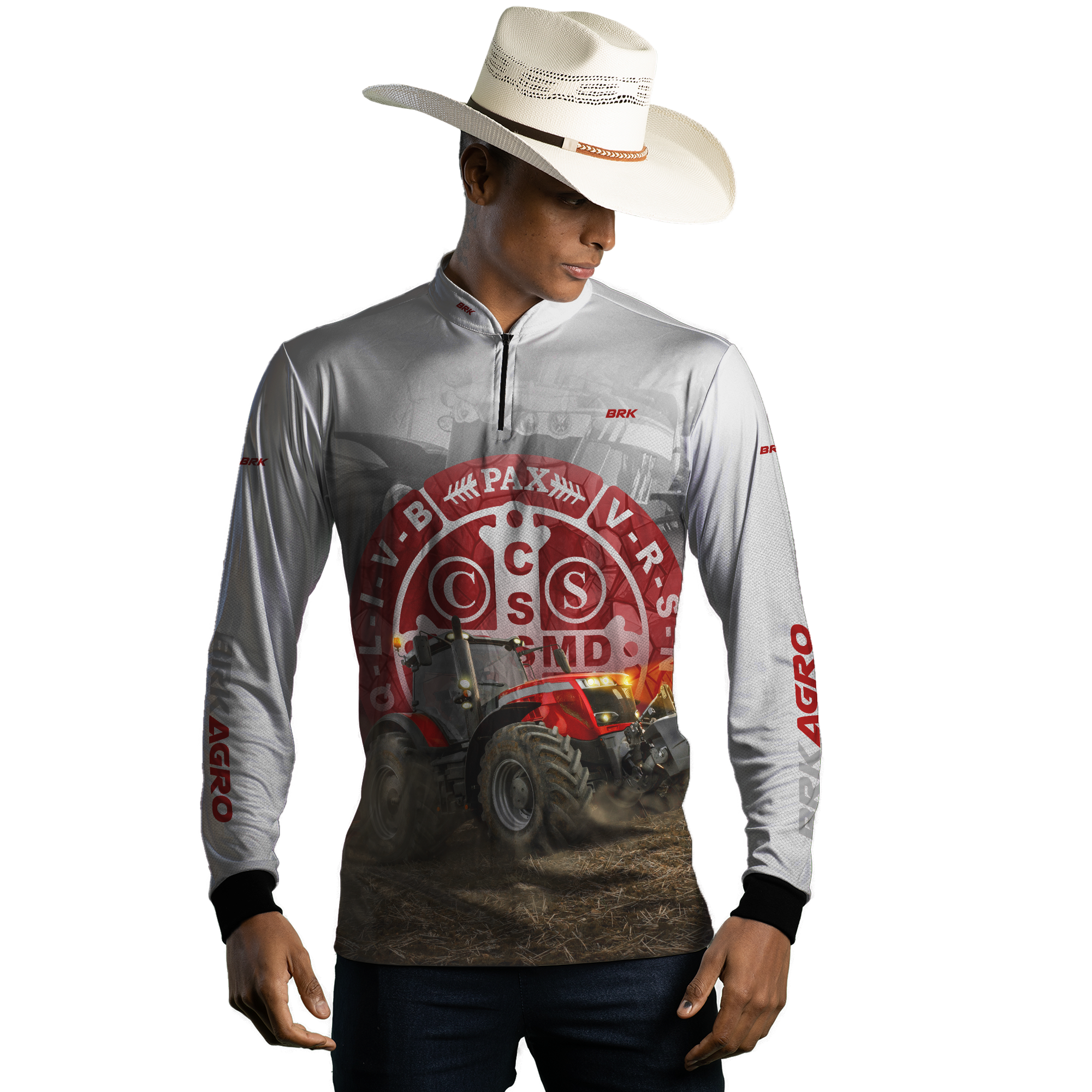 Camisa Agro Brk Trator São Bento Branco e Vermelho com Proteção Solar UV50+ - BRK AGRO