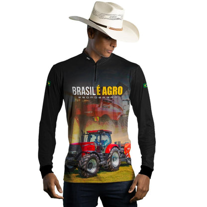 Camisa Agro Brk Trator Vermelho Brasil é Agro com Proteção Solar UV50+ - Brk Agro