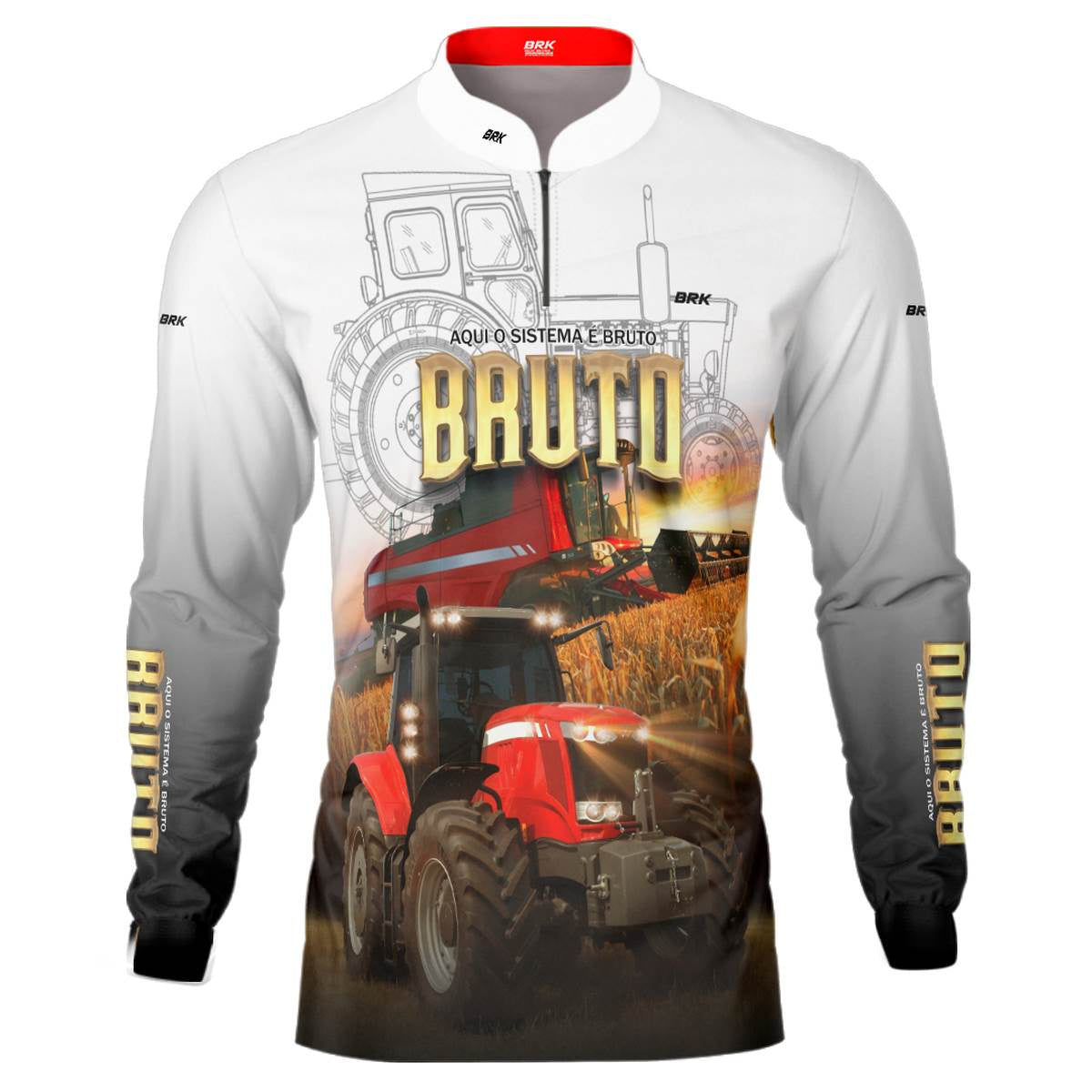 Camisa Agro Brk Aqui Sistema é Bruto Trator Vermelho com Proteção Solar UV50+ - Brk Agro