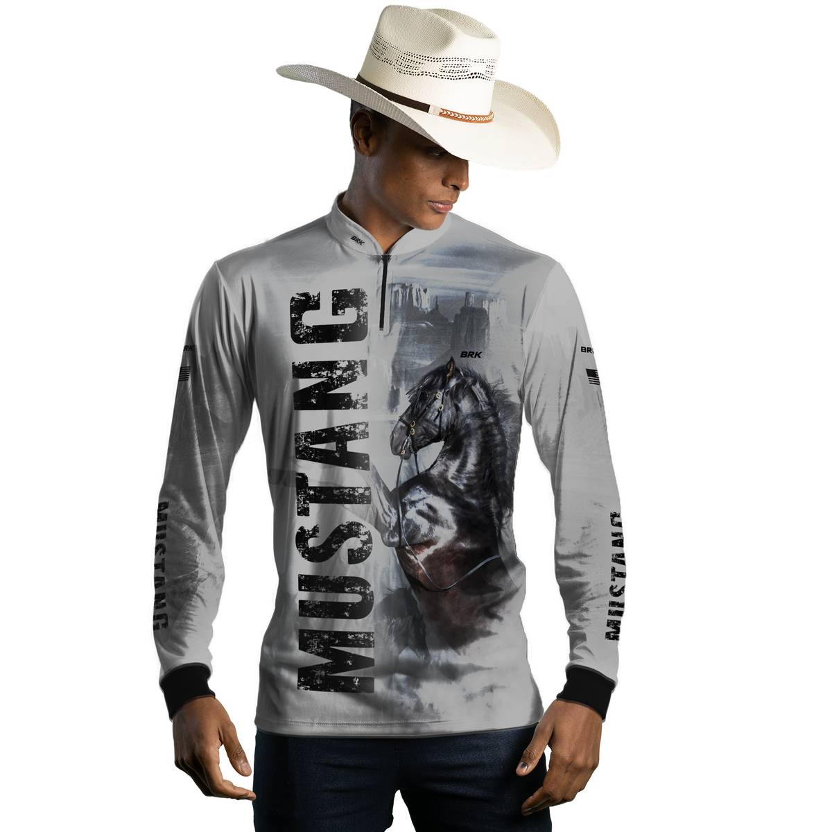 Camisa Agro Brk Branca Cavalo Mustang com Uv50+ - BRK AGRO