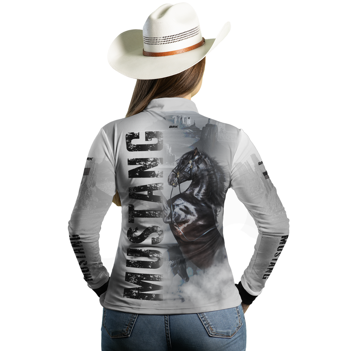 Camisa Agro Brk Branca Cavalo Mustang com Uv50+ - BRK AGRO