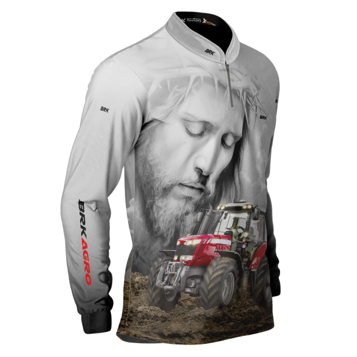 Camisa Agro Brk Branca Jesus Trator Vermelho com Proteção Solar UV50+ - Brk Agro