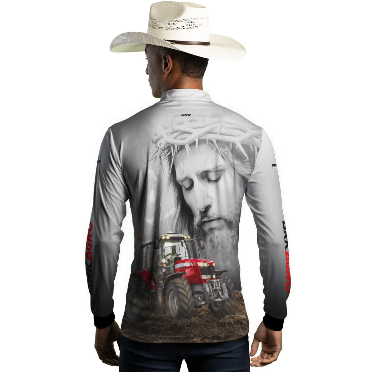 Camisa Agro Brk Branca Jesus Trator Vermelho com Proteção Solar UV50+ - Brk Agro