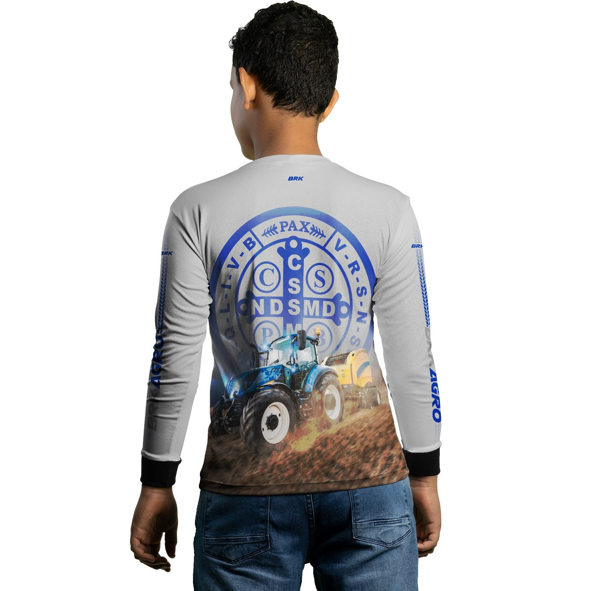 Camisa Agro Brk Trator Azul e Branco São Bento com Proteção Solar UV50+ - BRK AGRO