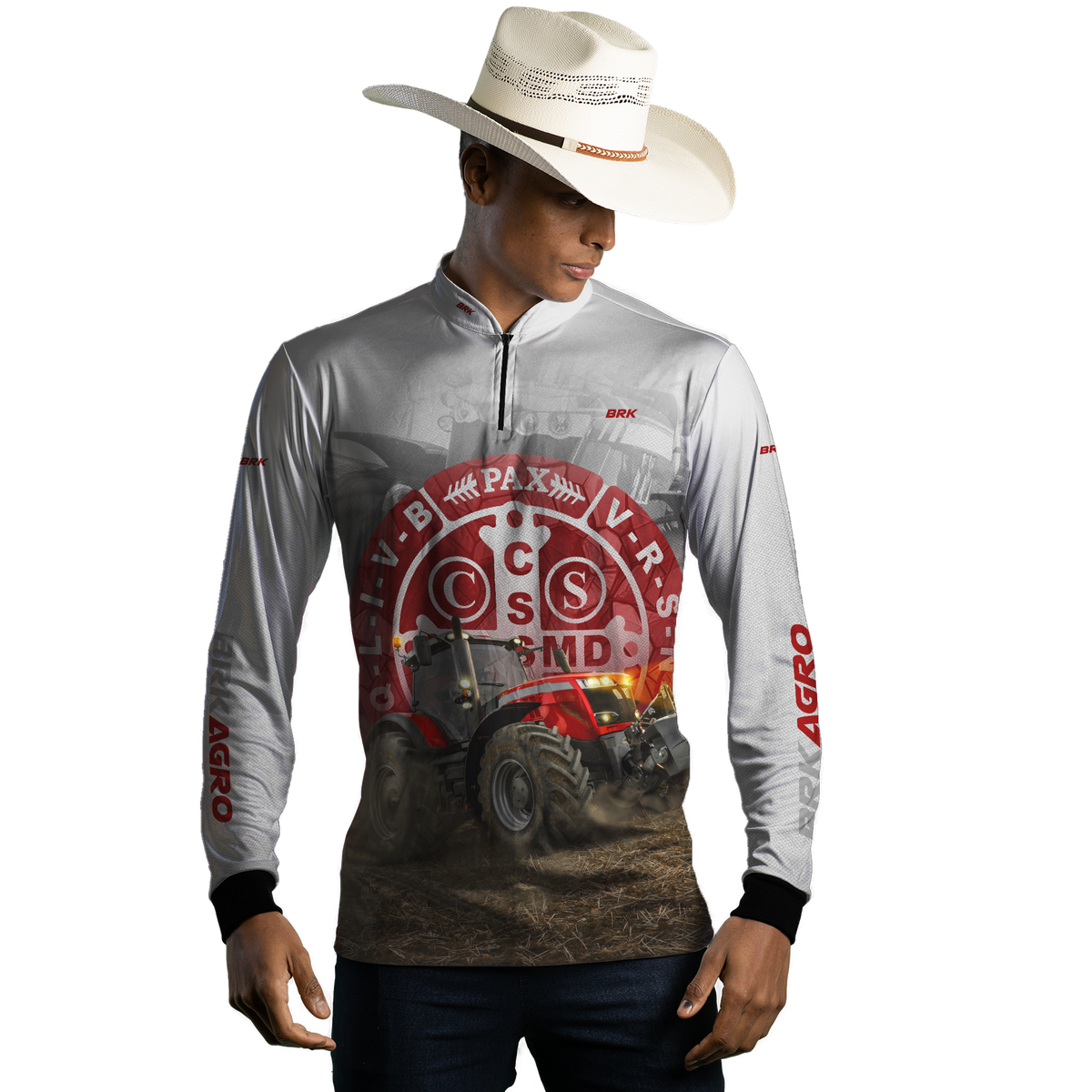 Camisa Agro Brk Trator São Bento Branco e Vermelho com Proteção Solar UV50+ - BRK AGRO