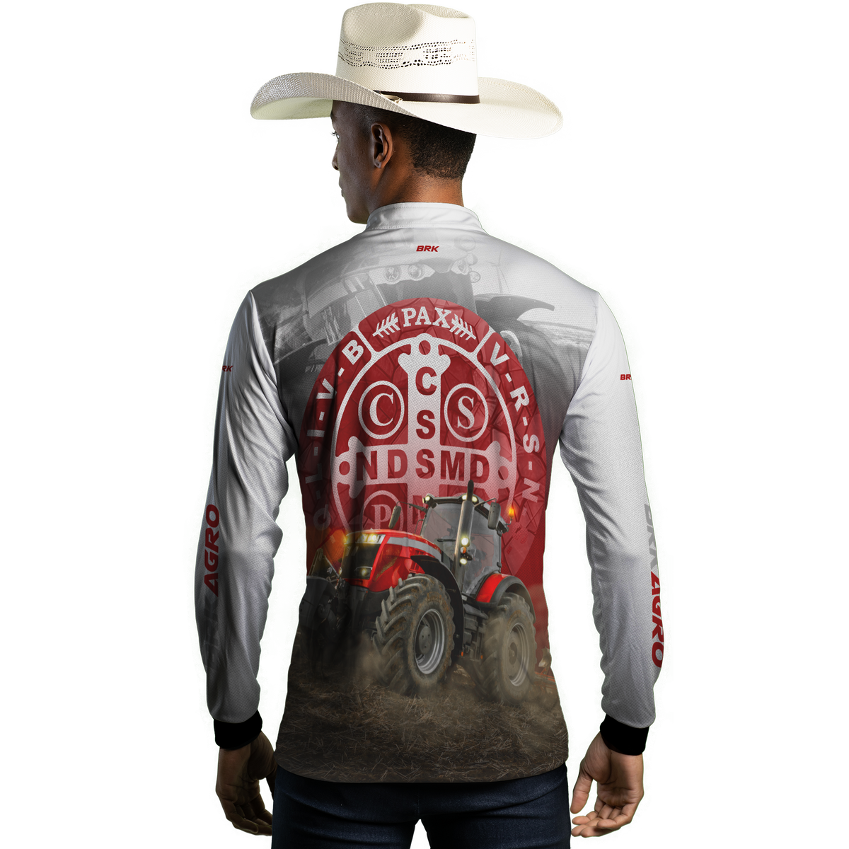 Camisa Agro Brk Trator São Bento Branco e Vermelho com Proteção Solar UV50+ - BRK AGRO