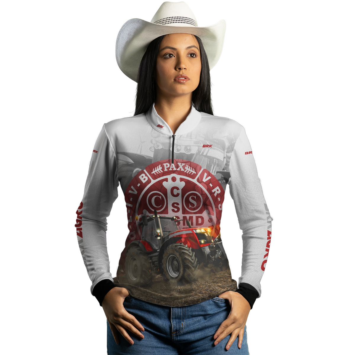 Camisa Agro Brk Trator São Bento Branco e Vermelho com Proteção Solar UV50+ - BRK AGRO