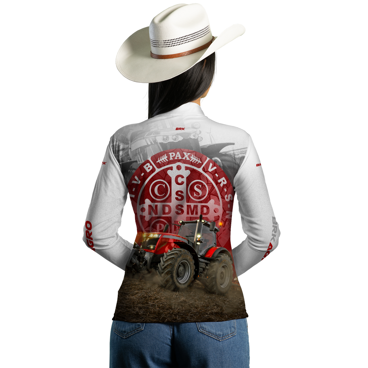 Camisa Agro Brk Trator São Bento Branco e Vermelho com Proteção Solar UV50+ - BRK AGRO