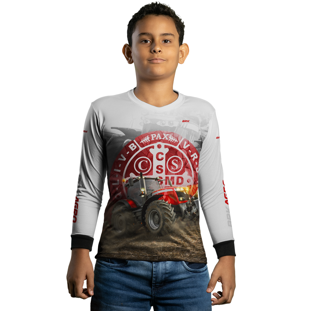 Camisa Agro Brk Trator São Bento Branco e Vermelho com Proteção Solar UV50+ - BRK AGRO