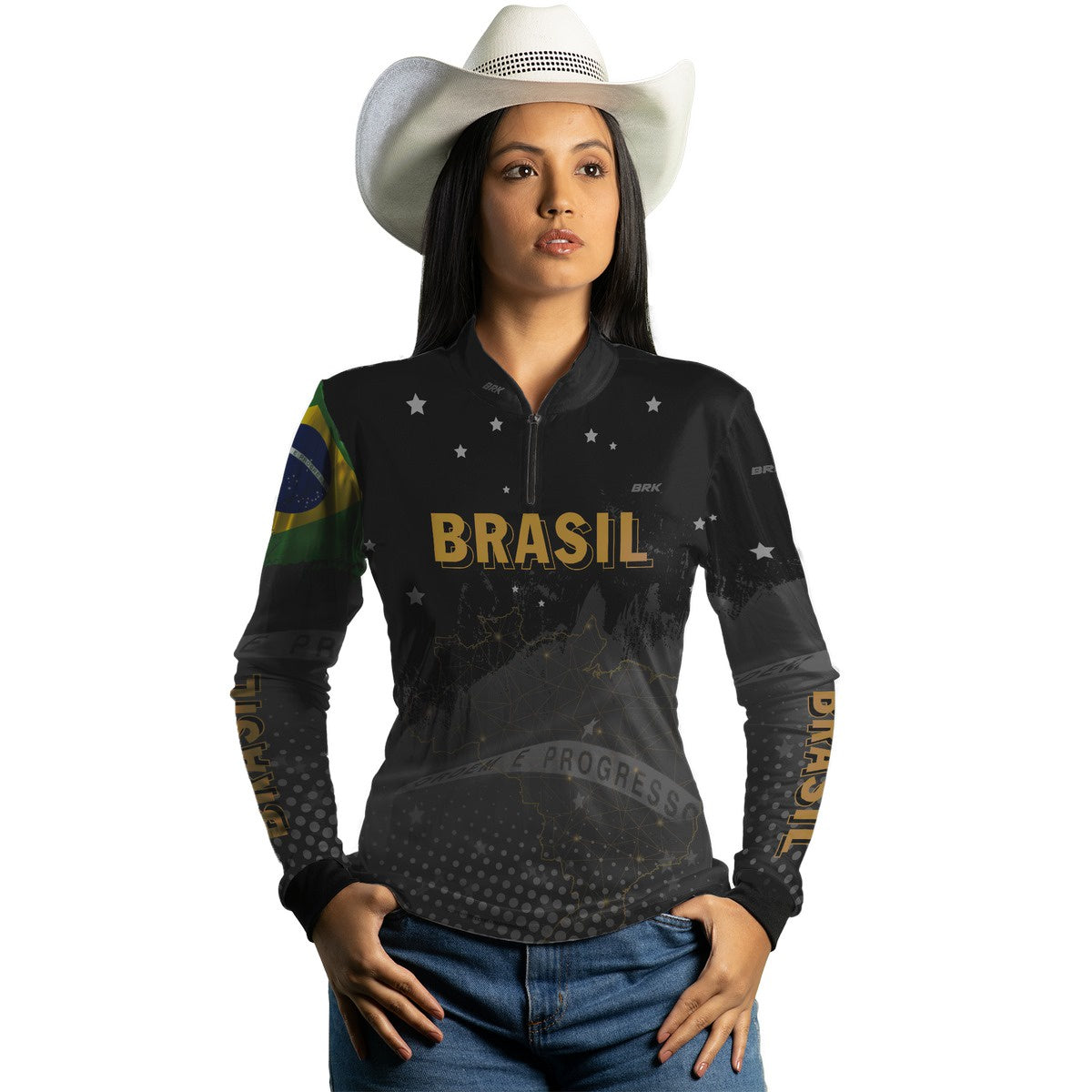 Camisa Feminina Brasil Preta com Proteção Solar UV50+ - Brk Agro