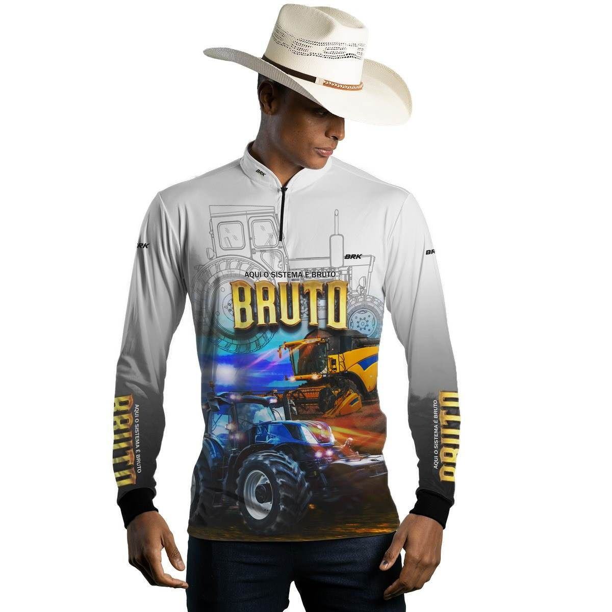 Camisa Branca Brk New Holland Aqui o Sistema é Bruto com Proteção Solar UV50+ - Brk Agro
