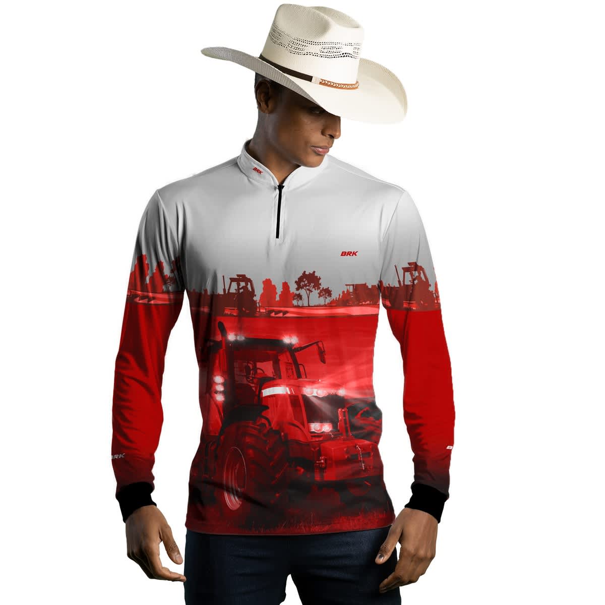 Camisa Branca e Vermelho Brk Agro Massey Ferguson Maquinário com Proteção Solar UV50+ - Brk Agro