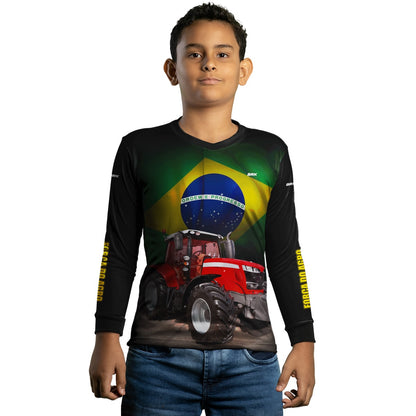 Camisa Infantil Agro Brk Trator Vermelho Bandeira do Brasil com Proteção UV50+ - Brk Agro