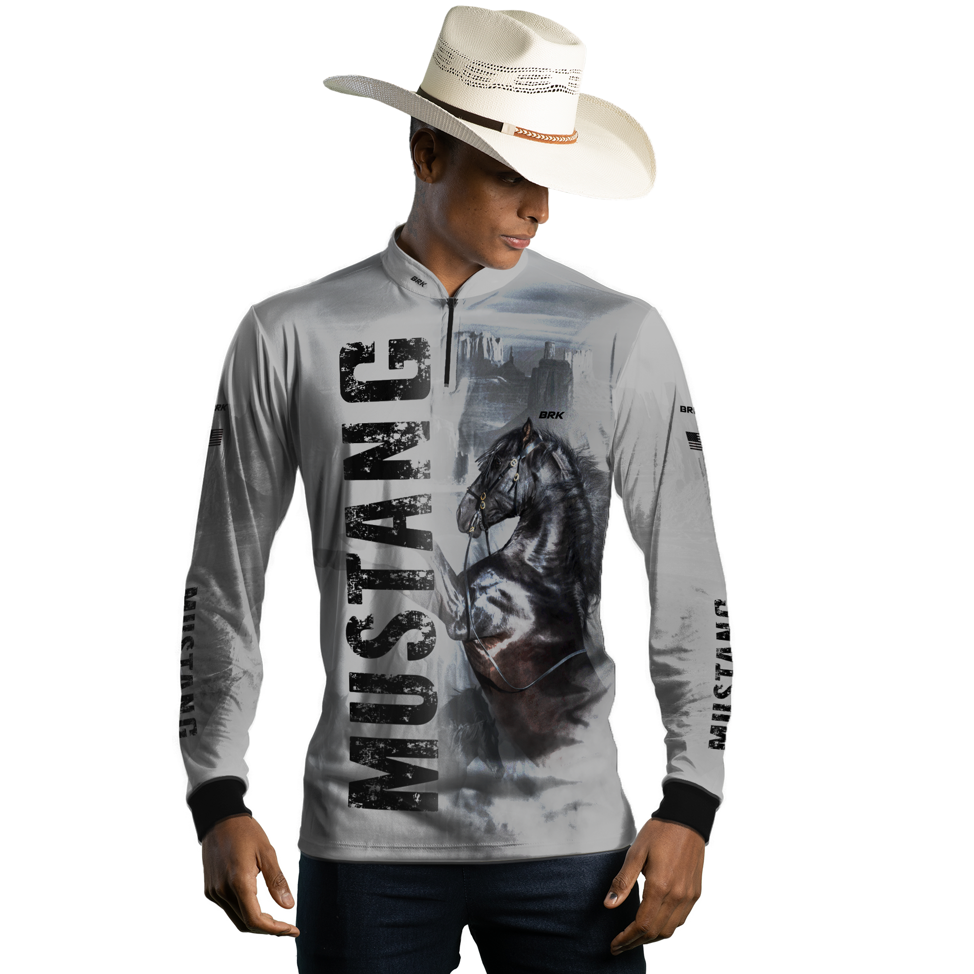 Camisa Agro Brk Branca Cavalo Mustang com Uv50+ - BRK AGRO