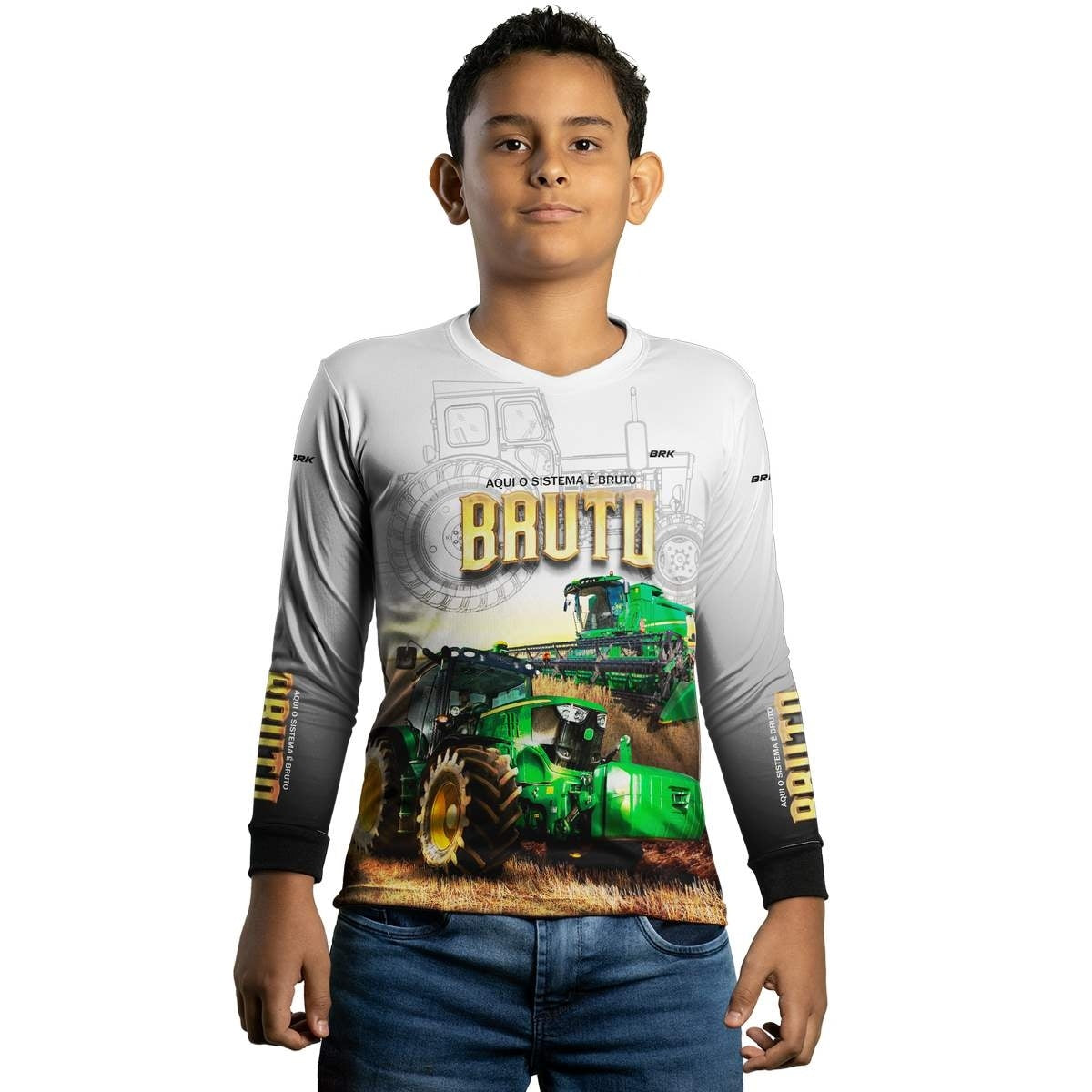 Camisa Branca Brk John Deere Aqui o Sistema é Bruto com Proteção Solar UV50+ - Brk Agro