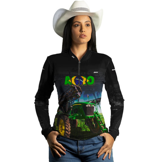 Camisa Feminina Agro Brk Preta Agro Pulverizador com UV50+ - Brk Agro