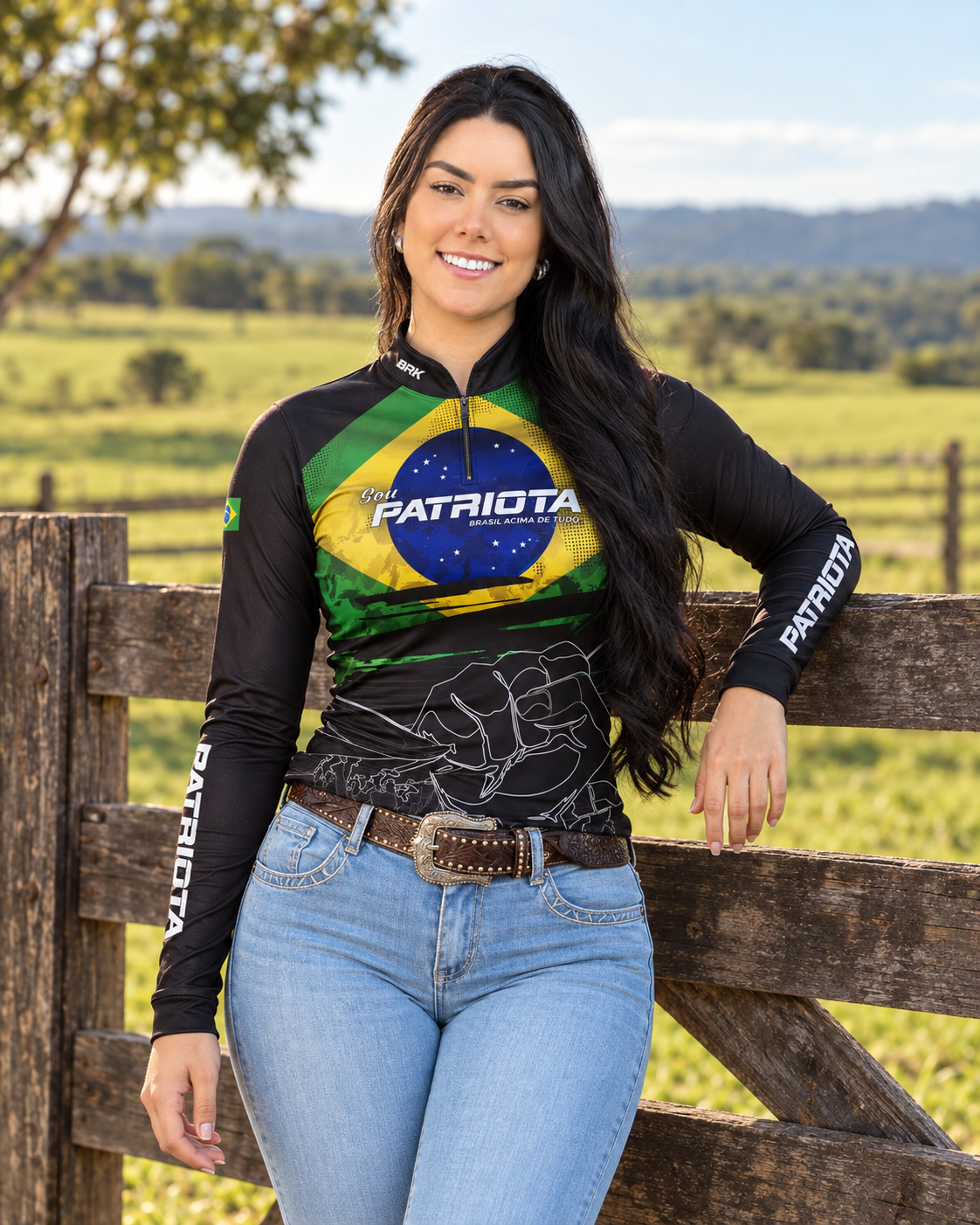 Camisa Agro Feminina Brk Básica Patriota Preta Bandeira do Brasil com Proteção UV50+