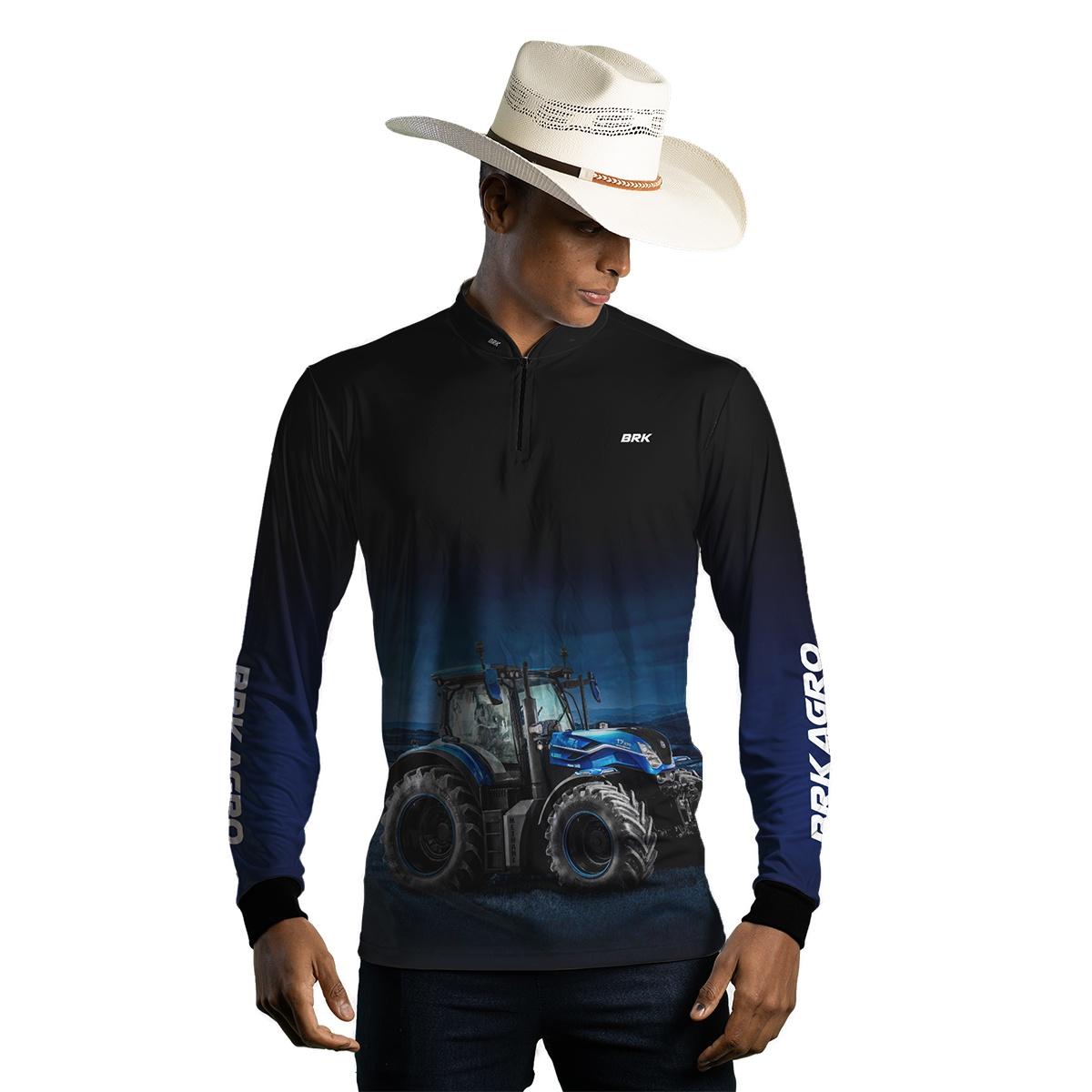 Camisa Agro Brk Preta Degradê Azul Trator T7 com Proteção Solar UV50+ - Brk Agro