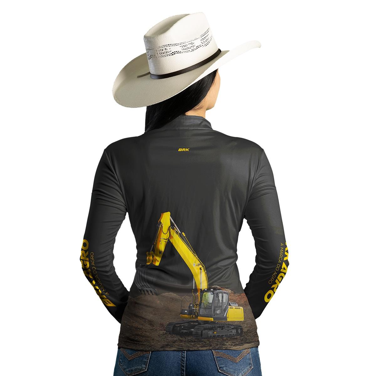Camisa Feminina Agro Brk Amarela e Preta Escavadeira com UV50+ - Brk Agro