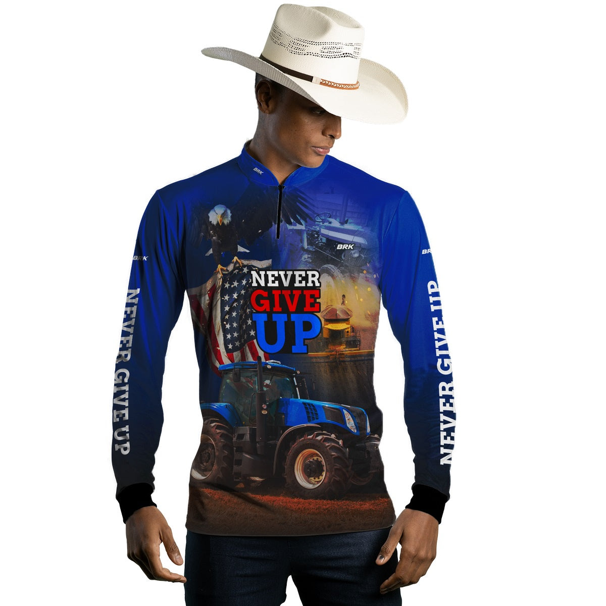 Camisa Agro Brk Azul Trator Never Give Up com Proteção Solar UV50+ - Brk Agro