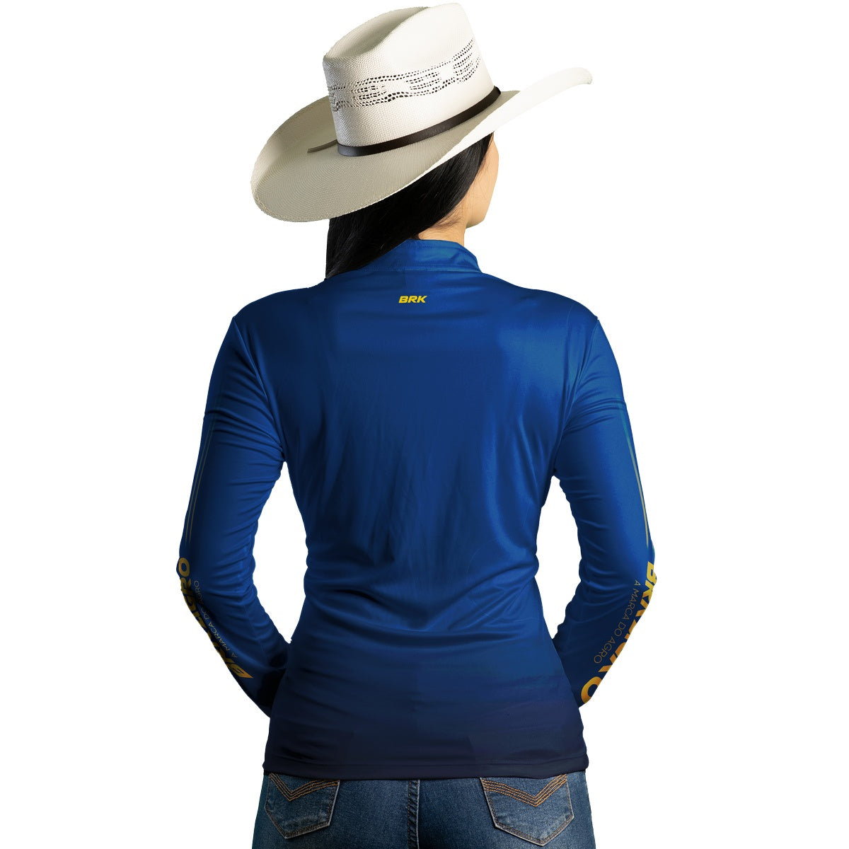 Camisa Feminina Agro Brk Básica Azul e Amarelo com Proteção UV50+ - Brk Agro