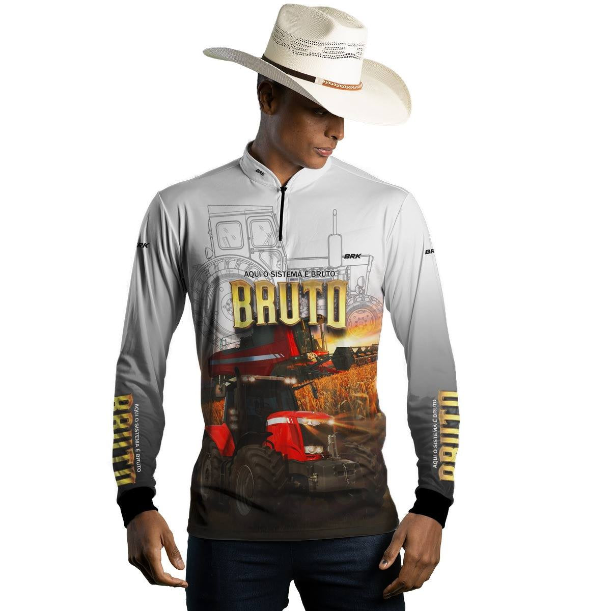 Camisa Agro Brk Aqui Sistema é Bruto Trator Vermelho com Proteção Solar UV50+ - Brk Agro