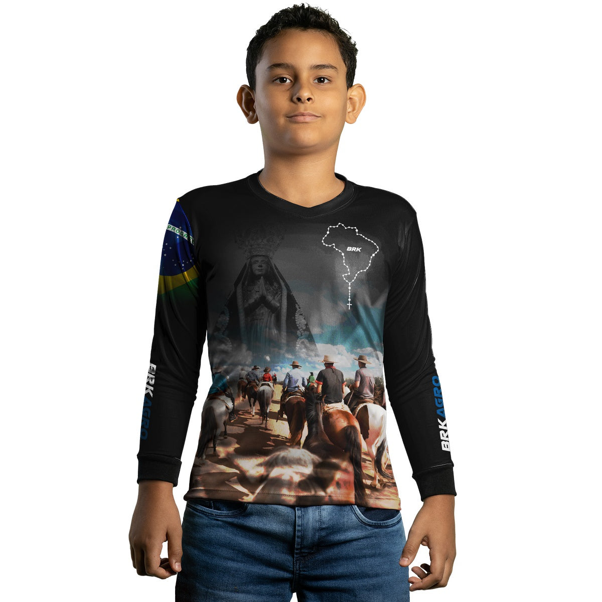 Camisa Agro Brk Cavalgada Nossa Senhora c/ Bandeira do Brasil com Proteção Solar UV50+ - Brk Agro