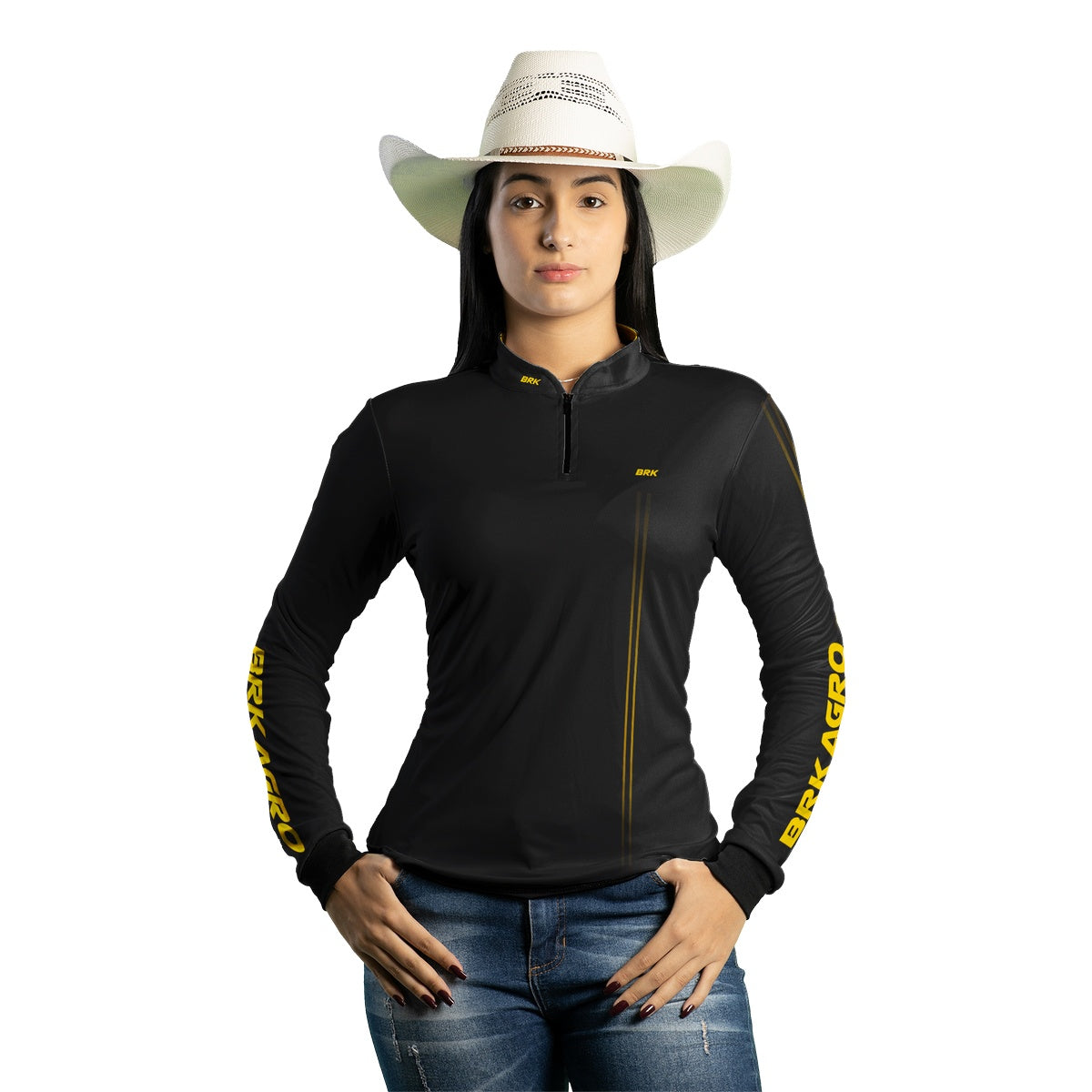 Camisa Feminina Agro Brk Básica Preto e Amarelo com Proteção Solar UV50+ - Brk Agro