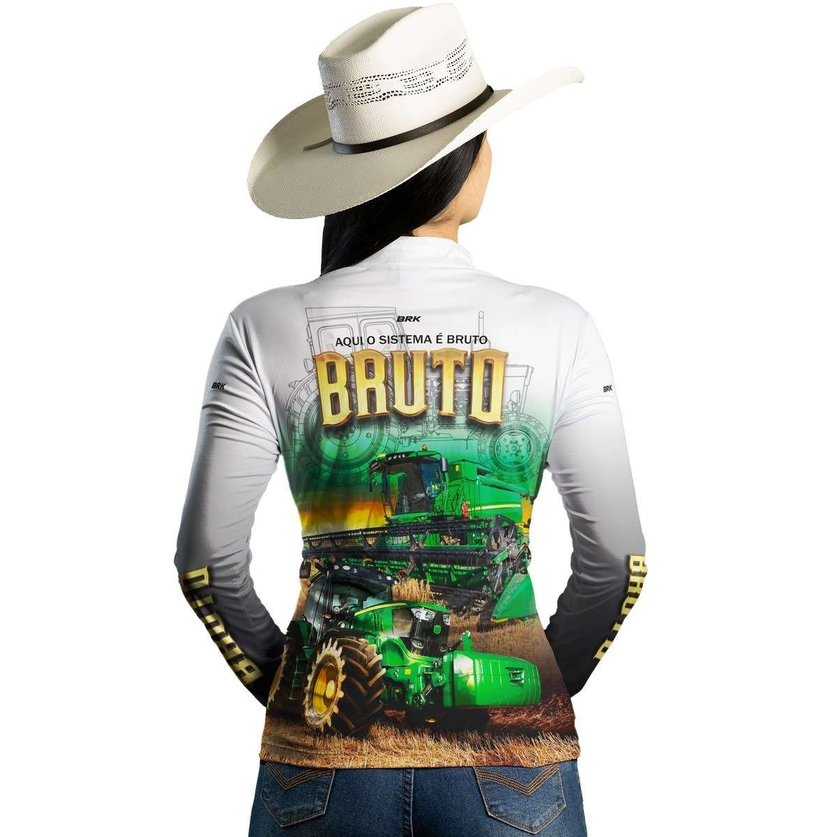 Camisa Feminina Branca Brk John Deere Aqui o Sistema é Bruto com Proteção Solar UV50+ - Brk Agro