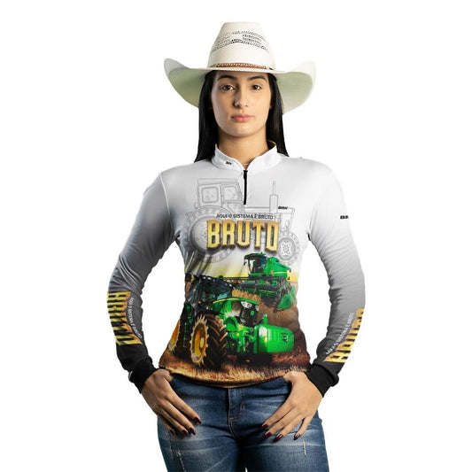 Camisa Feminina Branca Brk John Deere Aqui o Sistema é Bruto com Proteção Solar UV50+ - Brk Agro