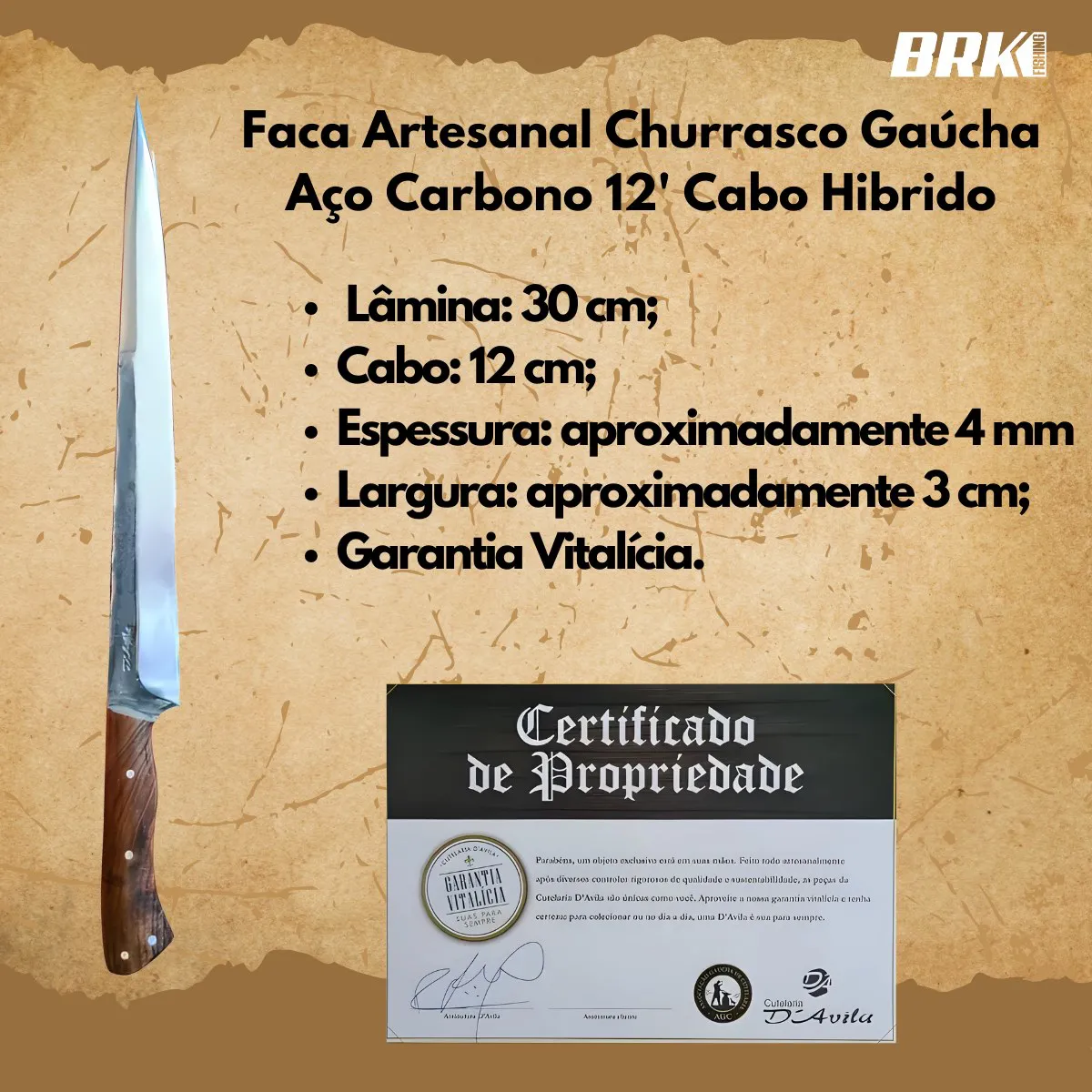 Faca Artesanal Gaúcha Churrasco Aço Carbono 12" Cabo Hibrido - Brk Agro