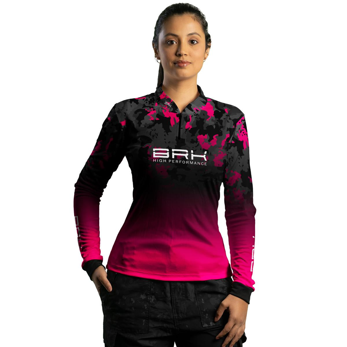 Camisa Agro Brk Feminina Preta e Rosa com Proteção Solar UV50+ - Brk Agro