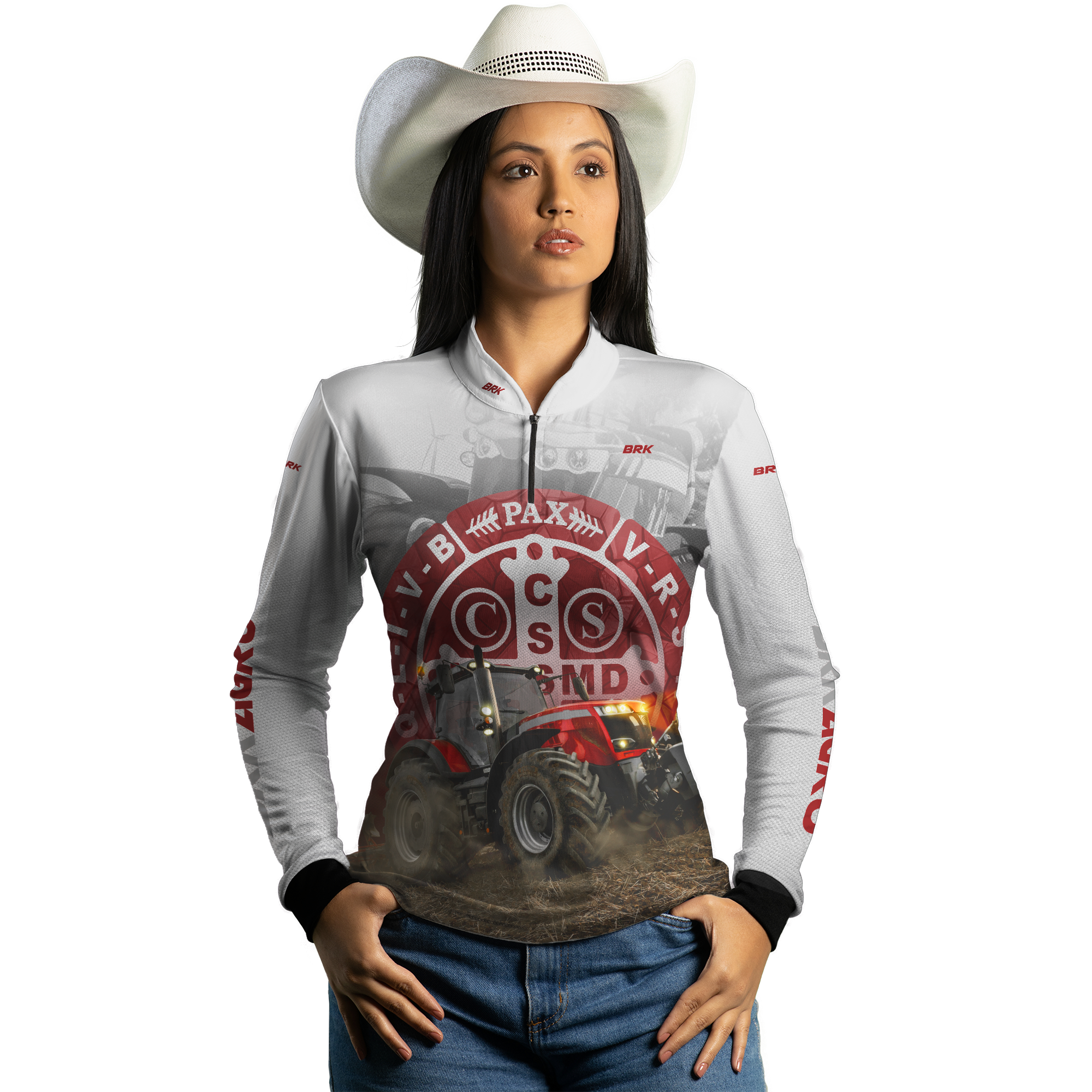 Camisa Agro Brk Trator São Bento Branco e Vermelho com Proteção Solar UV50+ - BRK AGRO