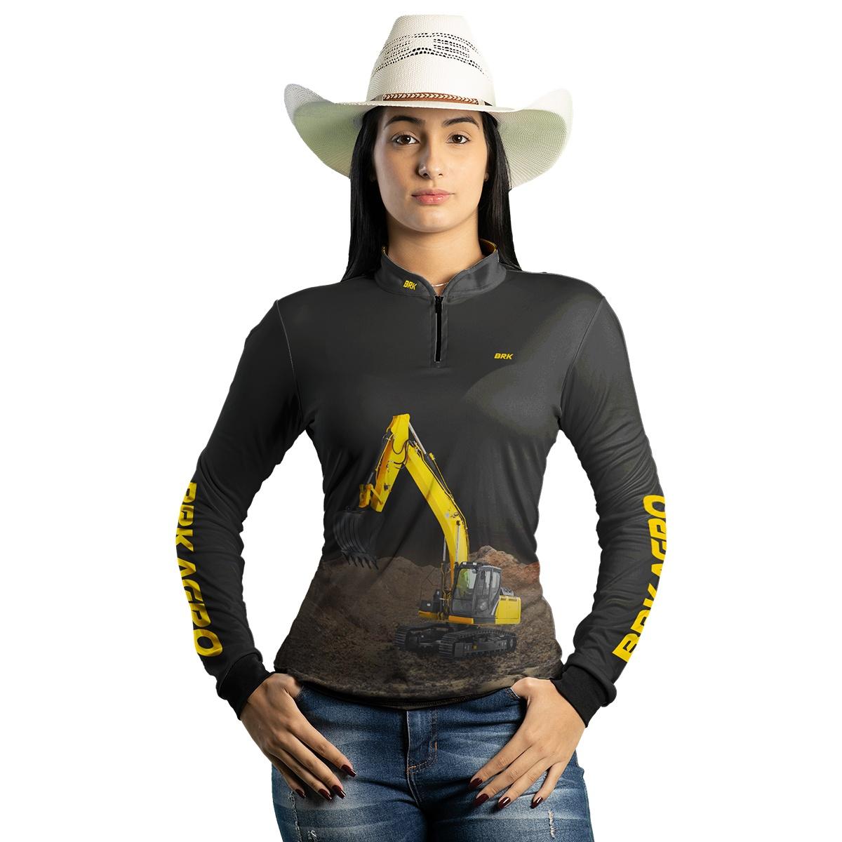 Camisa Feminina Agro Brk Amarela e Preta Escavadeira com UV50+ - Brk Agro