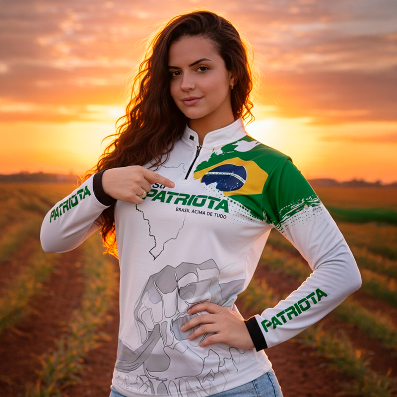 Camisa Agro Feminina Brk Básica Patriota Bandeira do Brasil Branca com Proteção UV50+