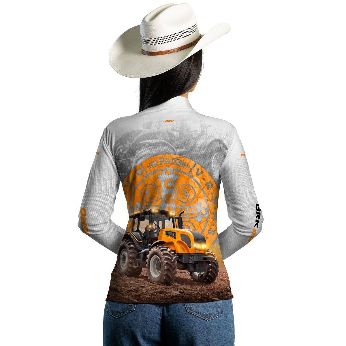 Camisa Agro Brk Trator São Bento Laranja e Branco com Proteção Solar UV50+ - BRK AGRO