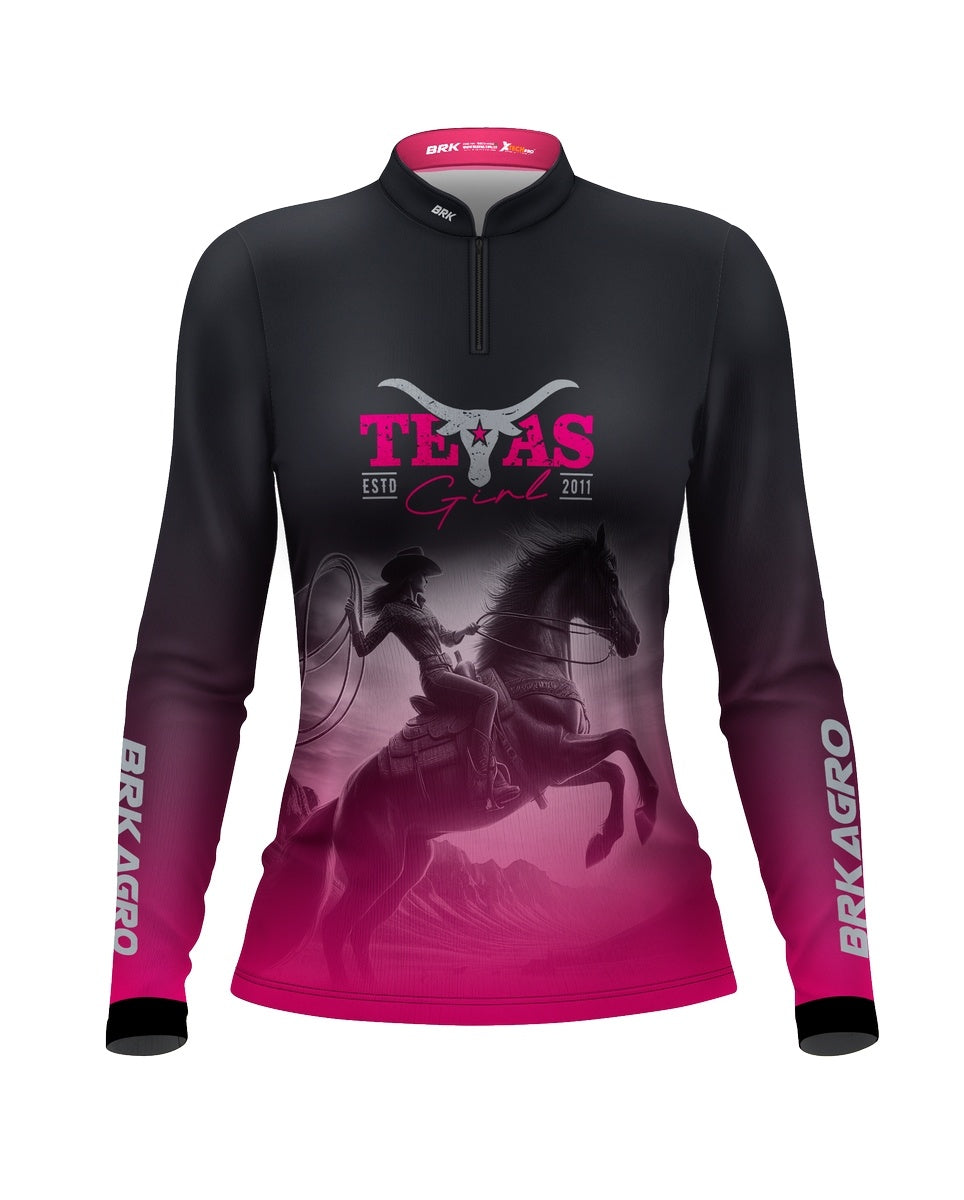 Camisa Agro Brk Feminina Texas Girl Preta e Rosa com Proteção Solar UV50+ - BRK AGRO