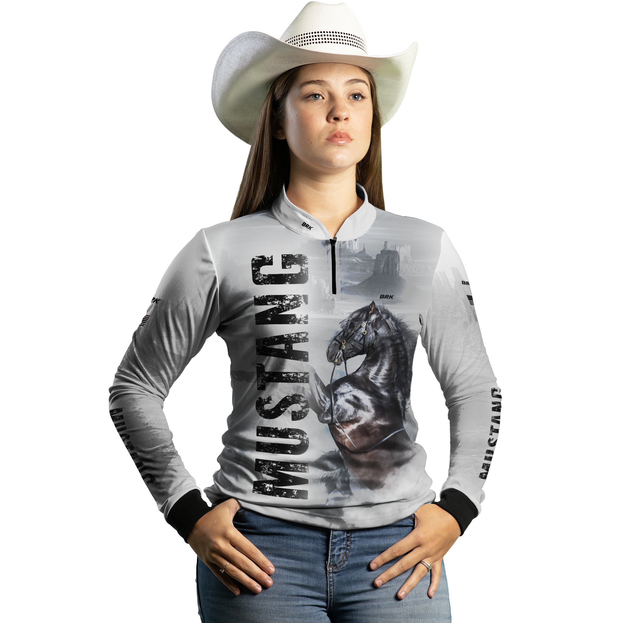 Camisa Agro Brk Branca Cavalo Mustang com Uv50+ - BRK AGRO