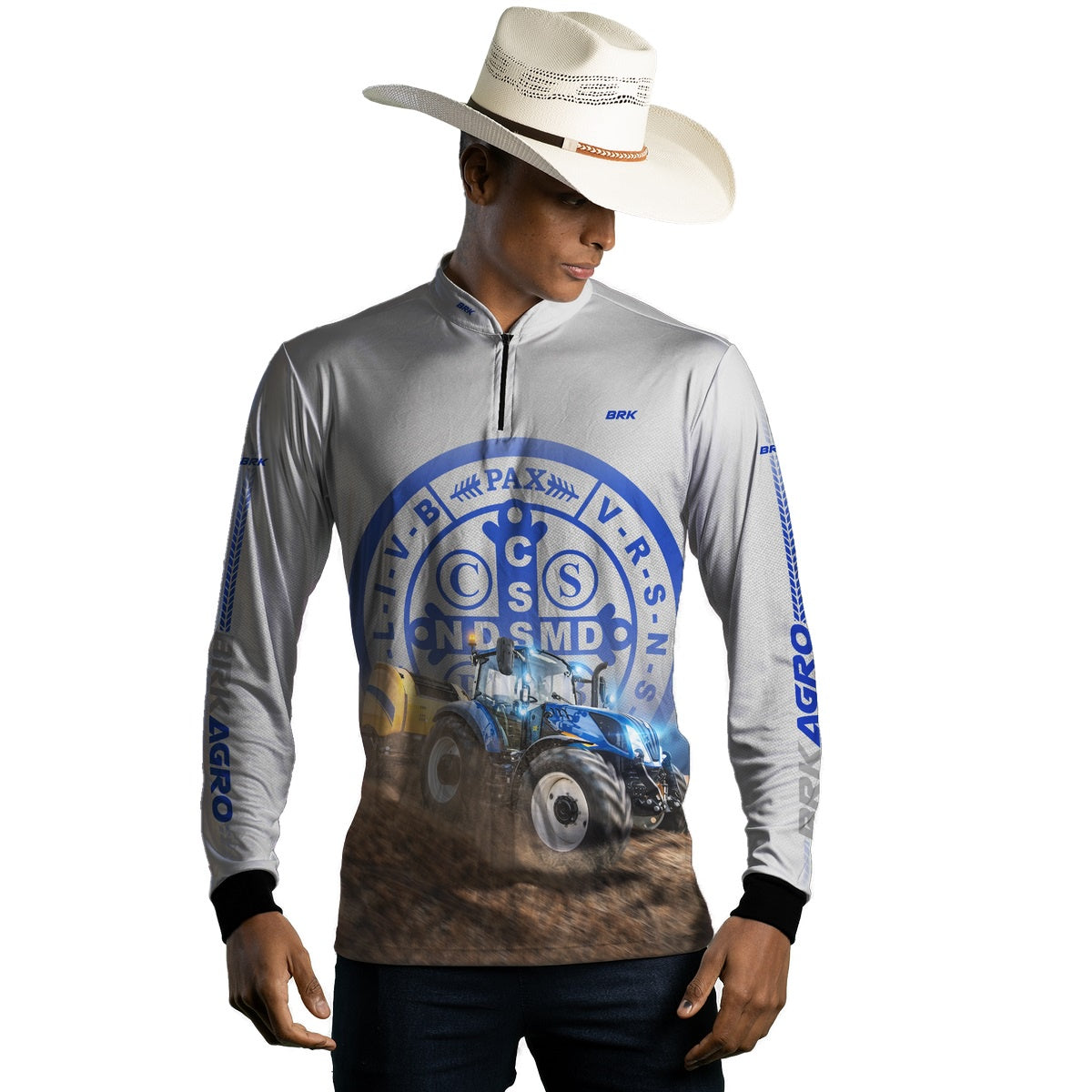 Camisa Agro Brk Trator Azul e Branco São Bento com Proteção Solar UV50+ - BRK AGRO