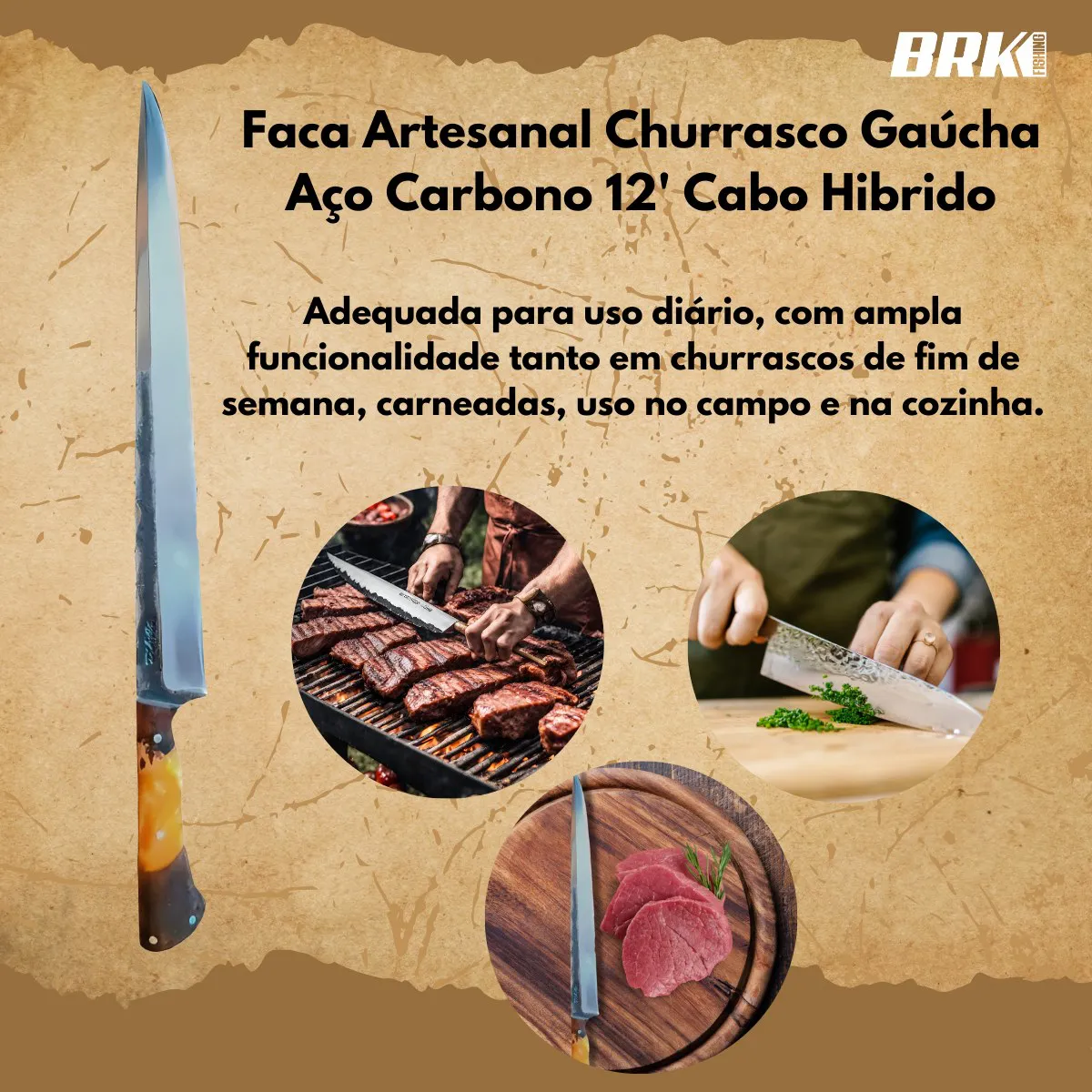 Faca Artesanal Gaúcha Churrasco Aço Carbono 8" Cabo Madeira - Brk Agro