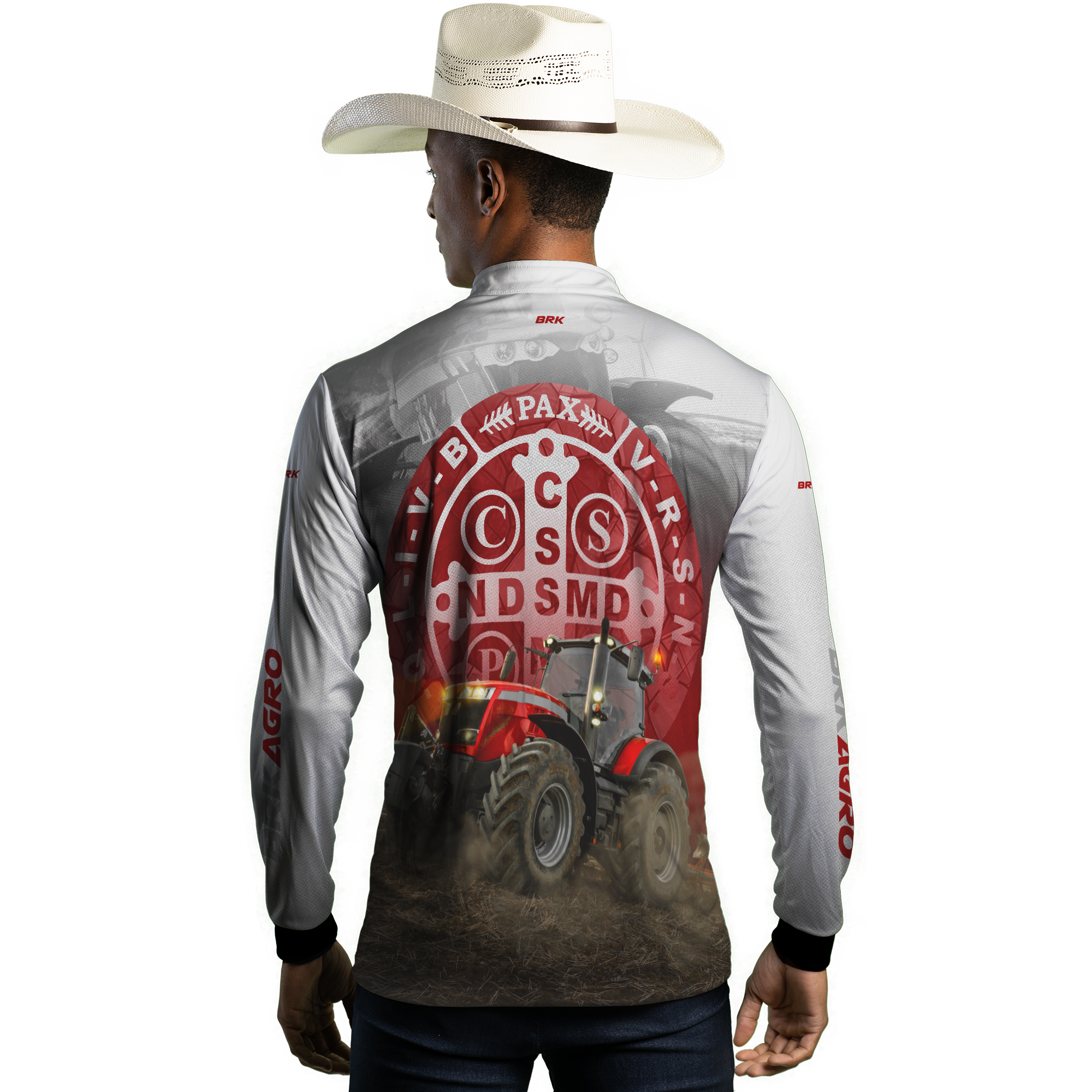 Camisa Agro Brk Trator São Bento Branco e Vermelho com Proteção Solar UV50+ - BRK AGRO