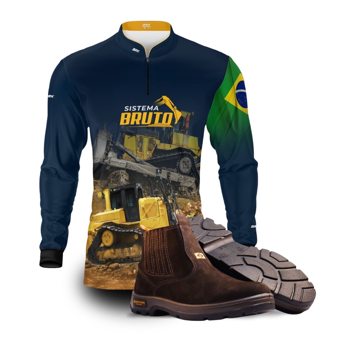 Kit Sistema é Bruto: Camisa Trator de Esteiras Bulldozer + Botina Marrom Agro Brk