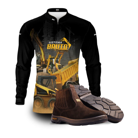 Kit Sistema é Bruto: Camisa Preta Bobcat Construção Civil + Botina Marrom Agro Brk