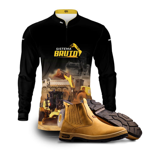 Kit Sistema é Bruto: Camisa Preta Asfaltamento + Botina Caramelo Agro Brk