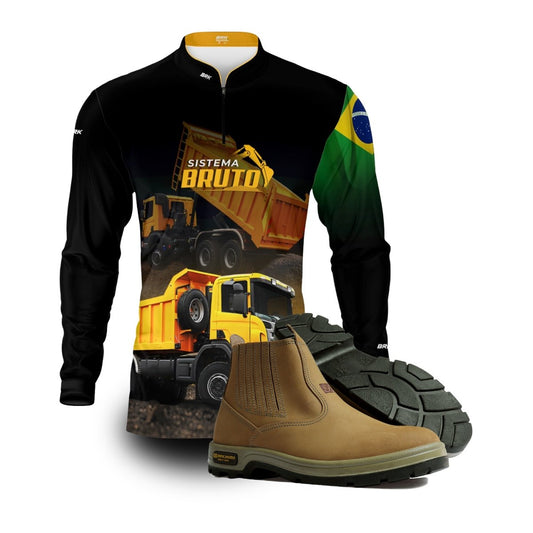 Kit Sistema é Bruto: Camisa Preta Caminhão Basculante + Botina Bege Agro Brk