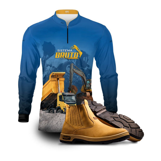 Kit Sistema é Bruto: Camisa Azul Caminhão Basculante e Retroescavadeira  + Botina Caramelo Agro Brk